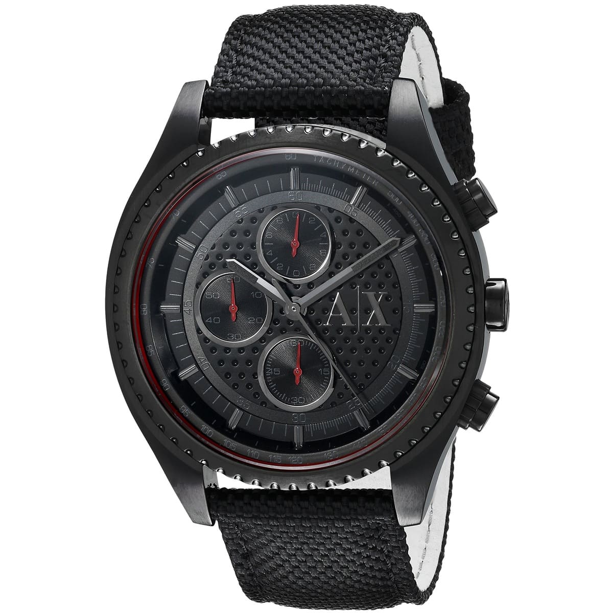 AX1610 watch from angled view showing black dial, chronograph subdials, and red bezel detail