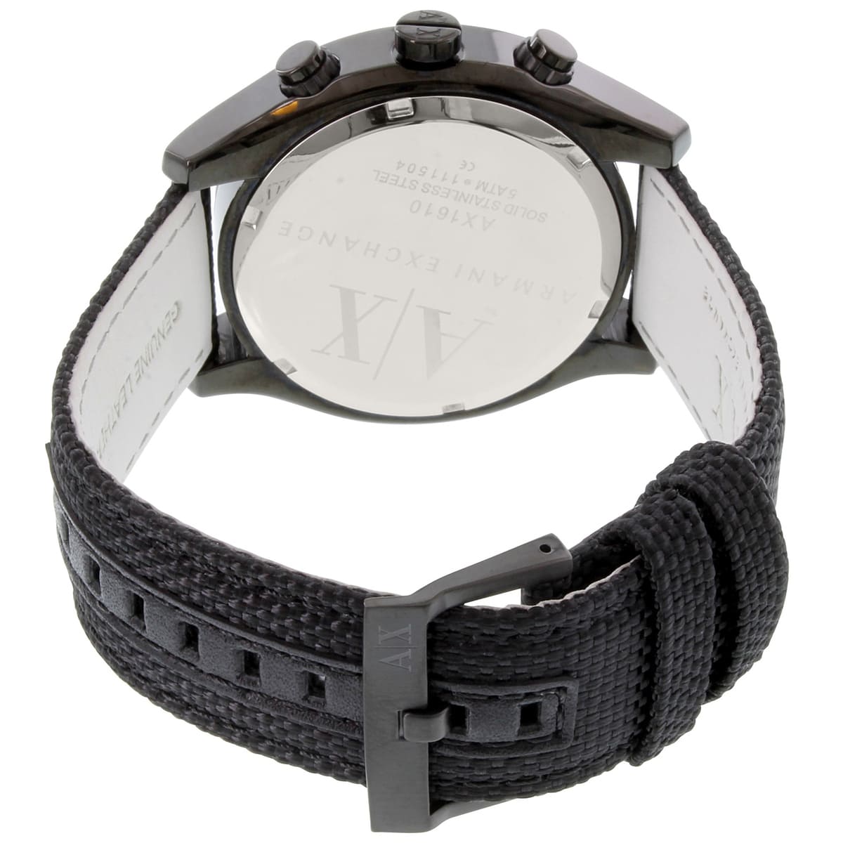 AX1610 case back showing stainless steel with Armani Exchange branding and specifications