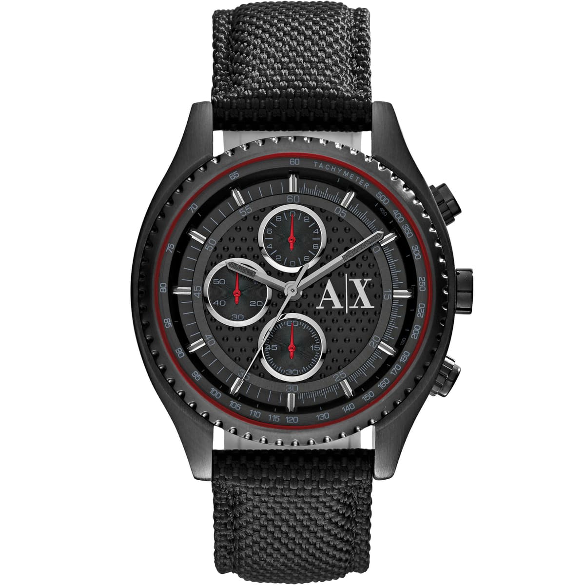 Armani Exchange AX1610 chronograph men's watch with black dial, red accents, and black fiber strap
