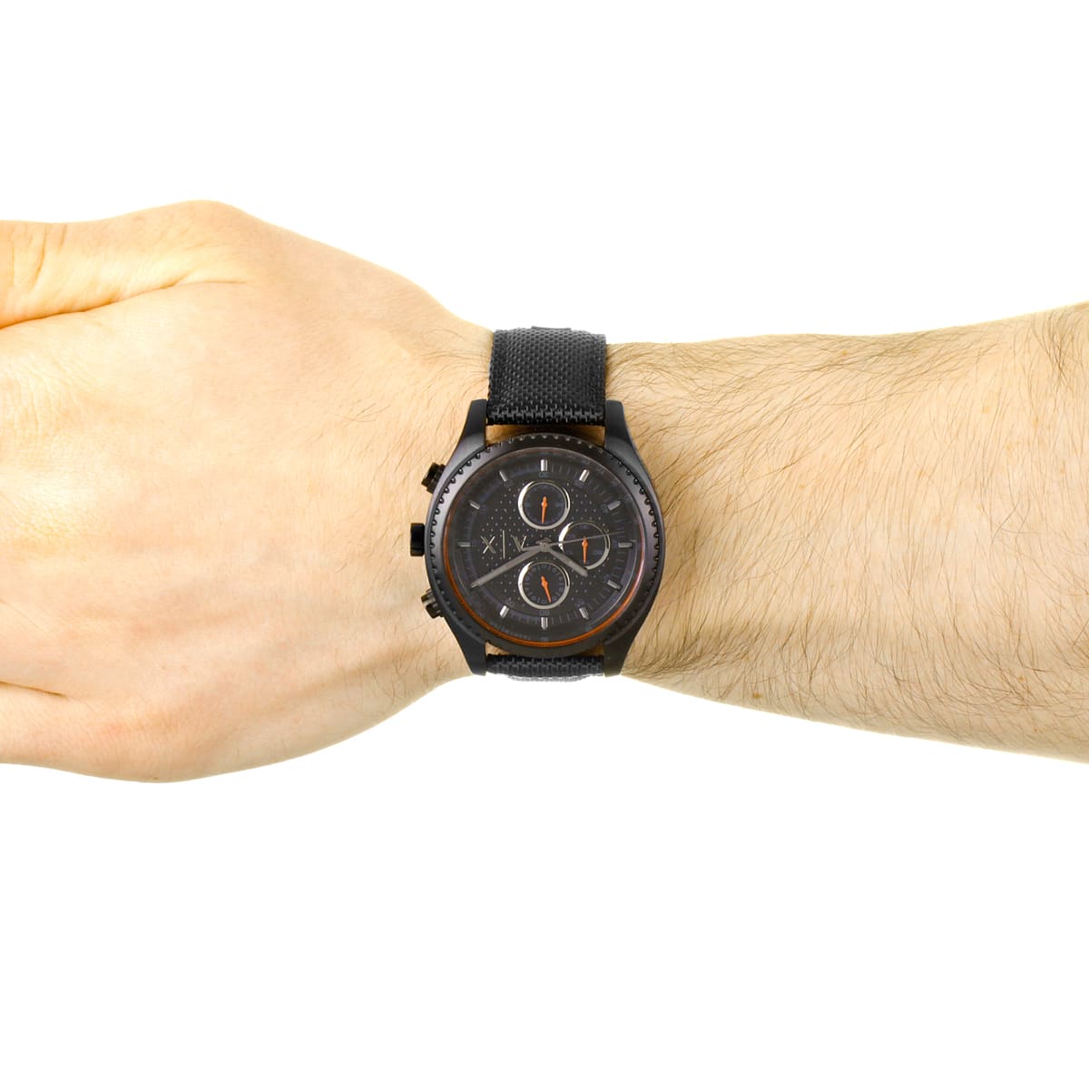 AX1610 chronograph watch worn on male wrist showing black dial and fiber strap fit