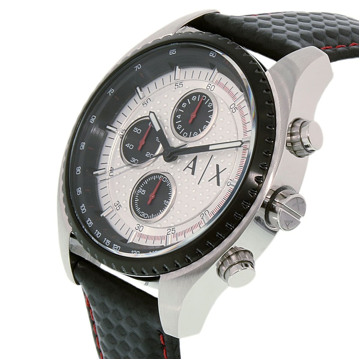 Armani Exchange AX1611 chronograph side angle showing metal case, white dial, and leather strap