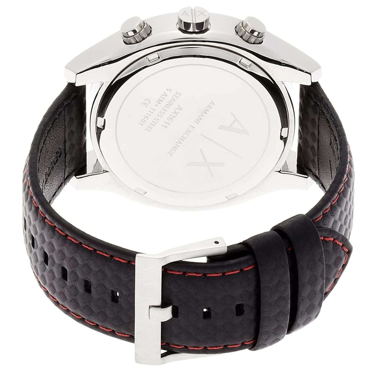 Armani Exchange AX1611 caseback showing transparent crystal and engraved branding