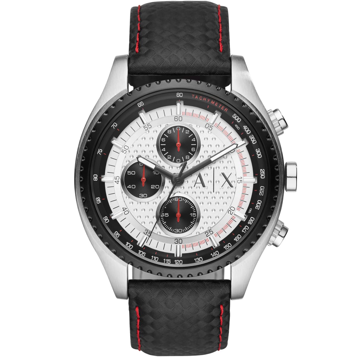 Armani Exchange AX1611 chronograph watch with white dial, black leather strap, and subdials