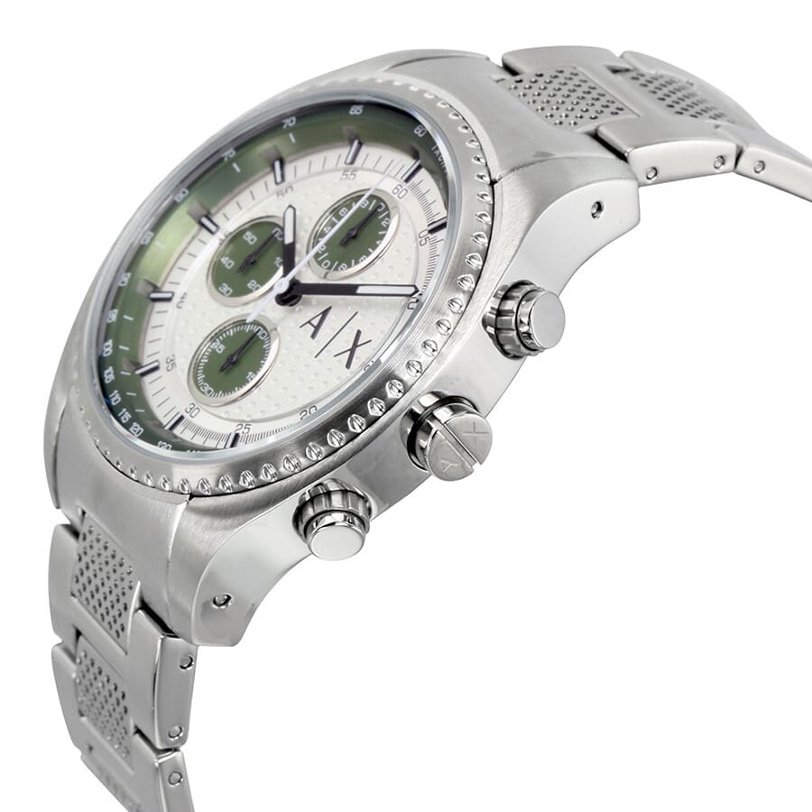 Armani Exchange The Driver watch side angle view showing white dial with green accents and stainless steel case