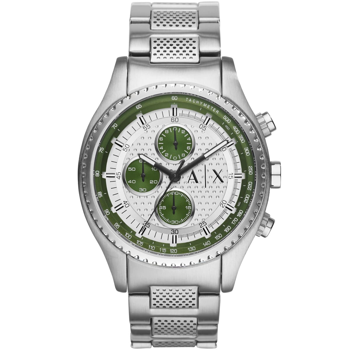 Armani Exchange The Driver men's chronograph watch with white dial, green subdials, and silver stainless steel bracelet