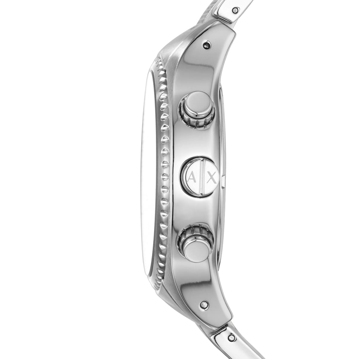 Side profile of Armani Exchange The Driver chronograph watch showing stainless steel case and pushers