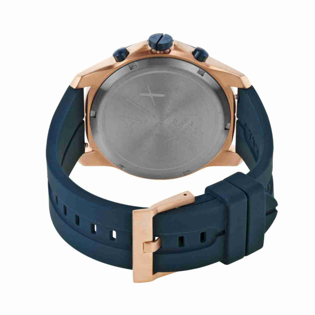 Case back of AX1730 Hampton chronograph with brushed metal caseback and navy silicone strap