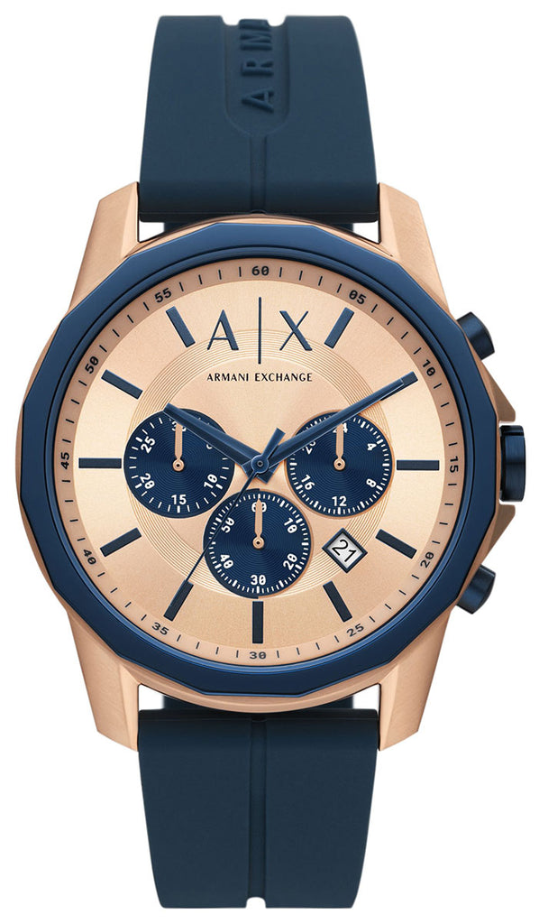 Armani Exchange Hampton chronograph watch with rose gold case, navy dial and blue silicone strap