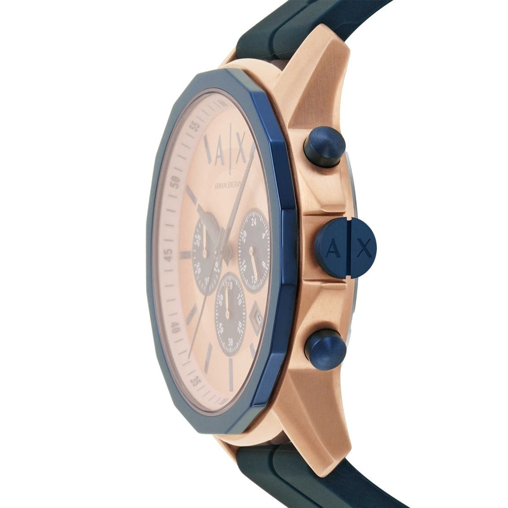 Side profile of AX1730 Hampton chronograph showing rose gold case, blue pushers and navy silicone strap