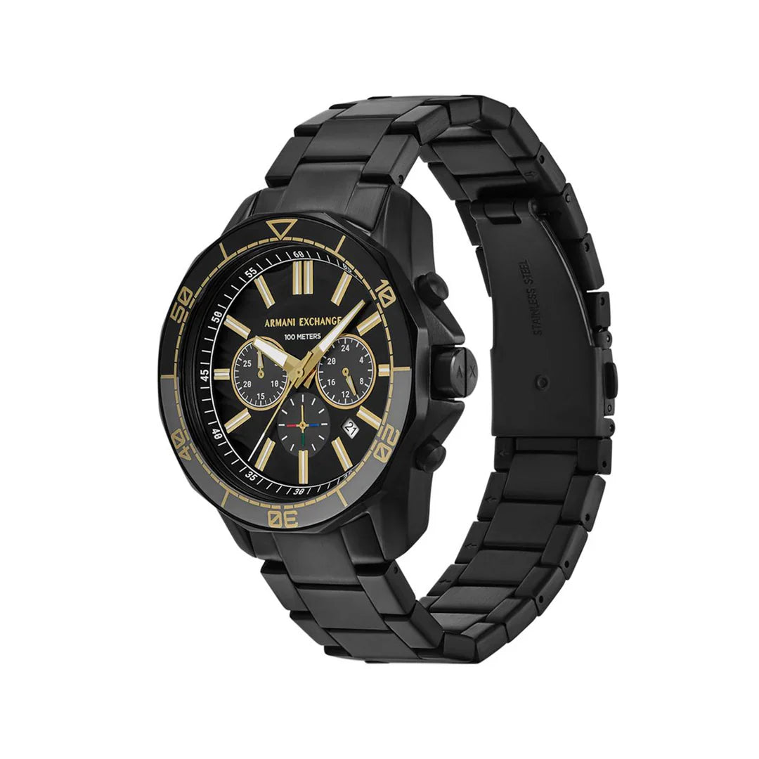 Armani Exchange Spencer AX1963 chronograph watch angled view showing case and black steel bracelet