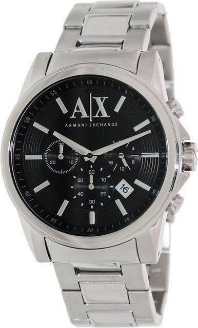 Armani Exchange Outerbanks AX2084 three-quarter view showing black dial with chronograph functions and metal bracelet