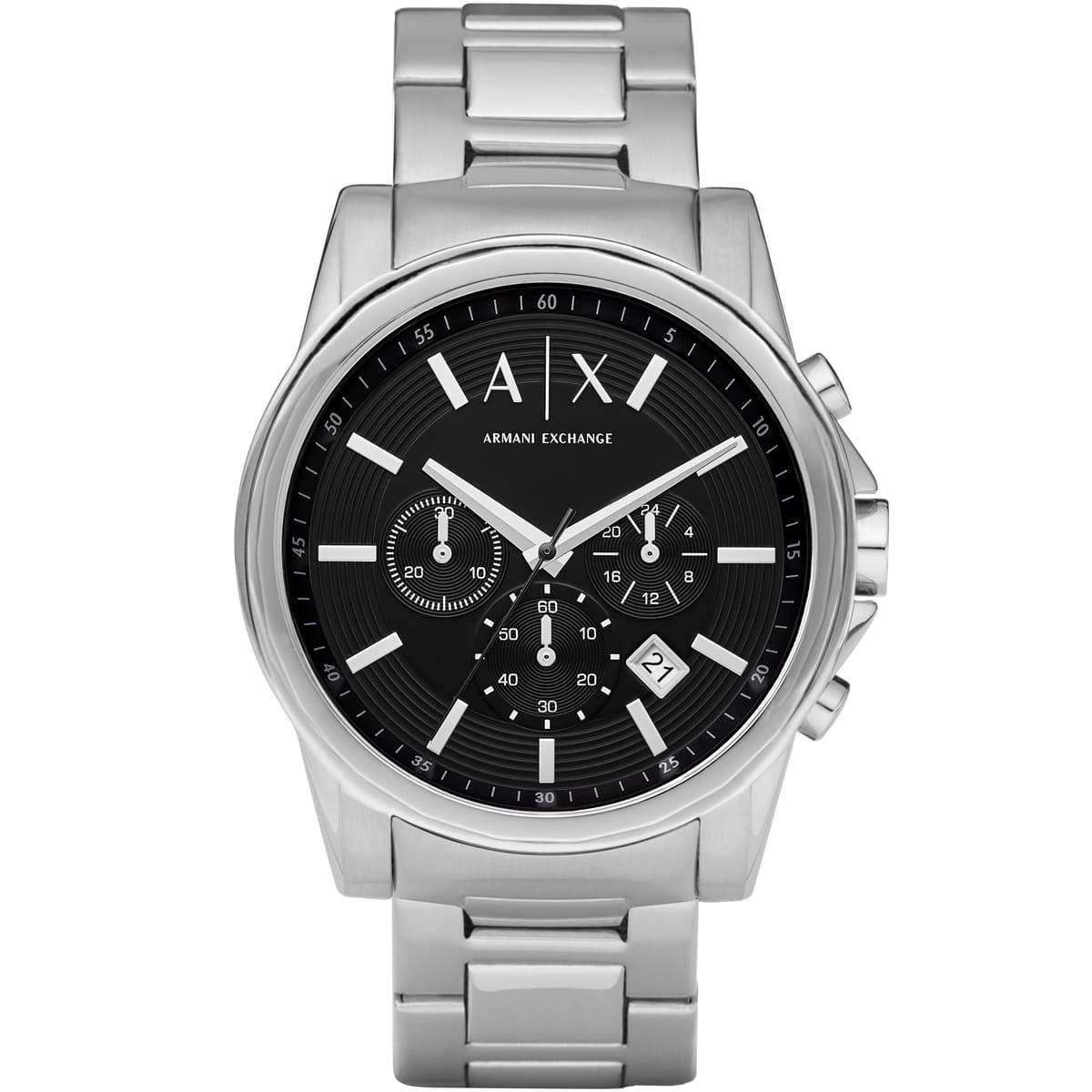 Armani Exchange Outerbanks AX2084 men's watch with black dial, silver chronograph subdials, and stainless steel strap
