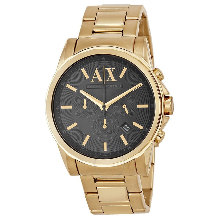 Armani Exchange Banks AX2095 watch at three-quarter angle showing black dial and gold metal bracelet