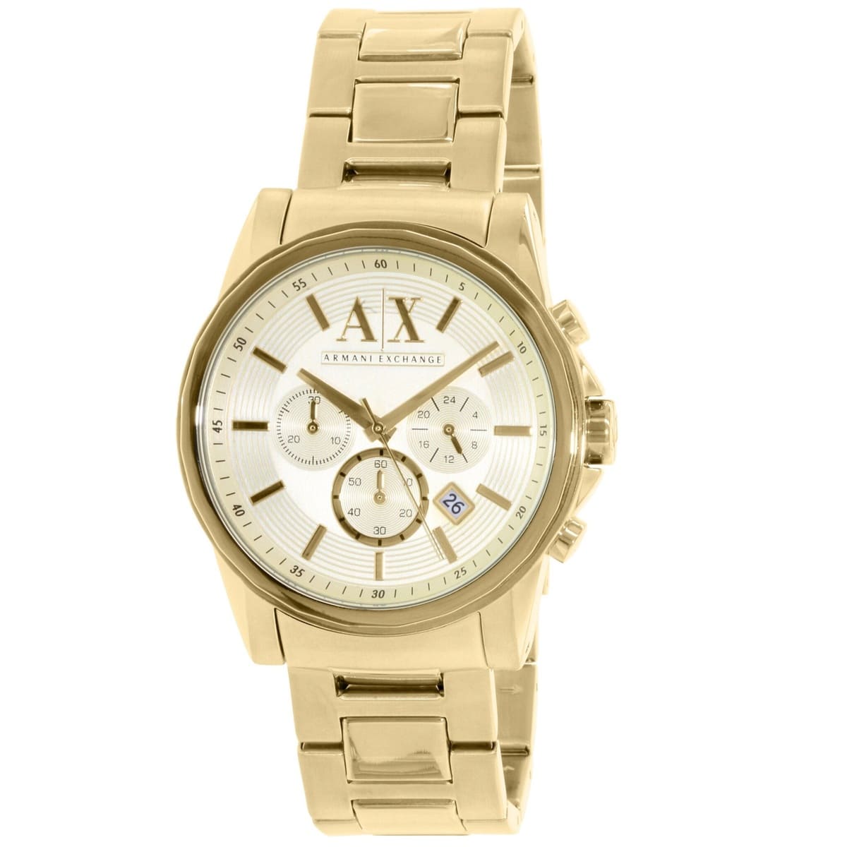 AX2099 three-quarter view showing gold case and multiple subdials on champagne dial