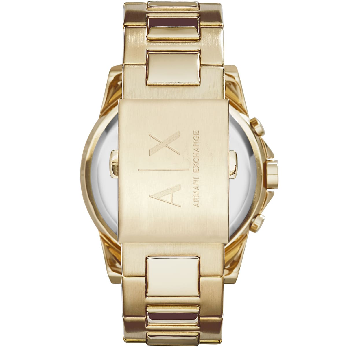 Caseback of AX2099 showing stainless steel back with Armani Exchange engraving
