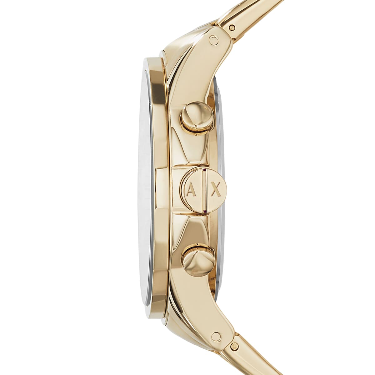 Side profile of Armani Exchange AX2099 gold watch showing case thickness and strap