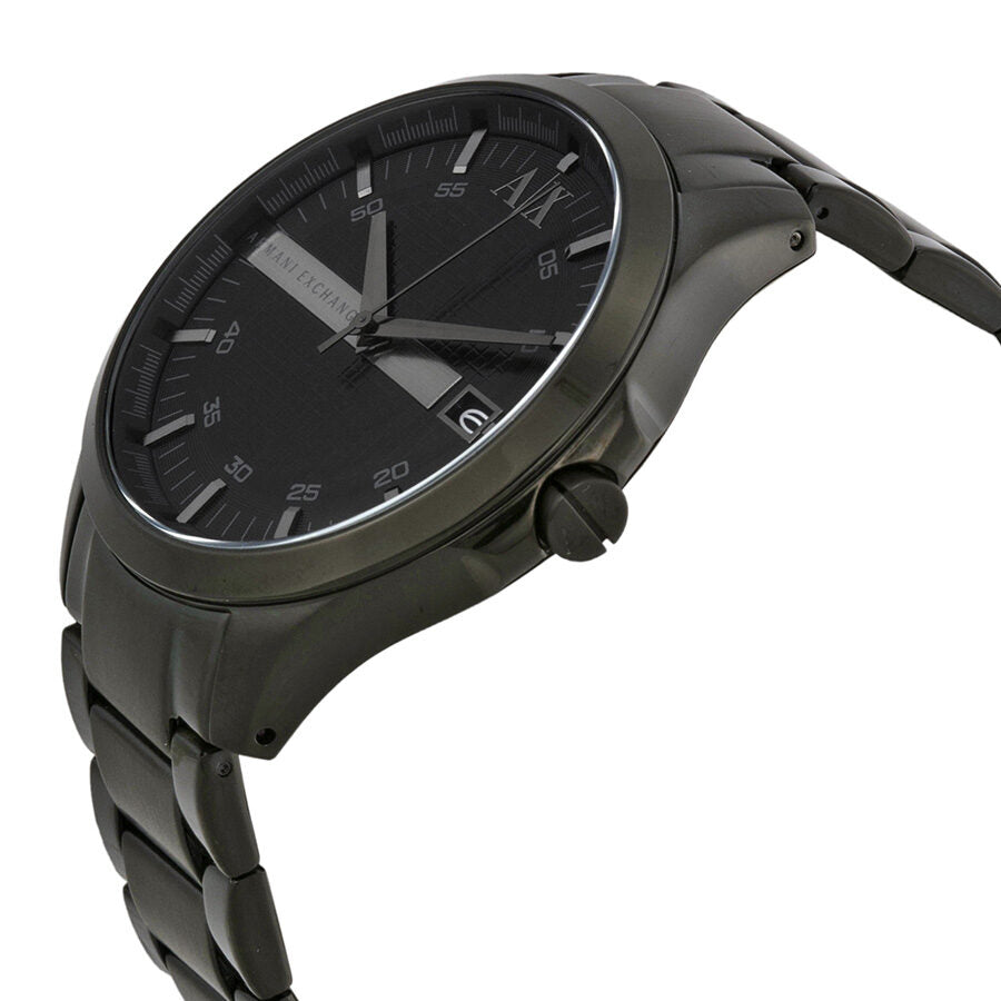 Armani Exchange Hampton watch shown at angle displaying black case, black dial and band