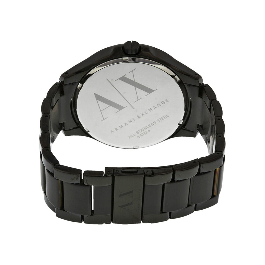 Armani Exchange Hampton caseback showing engraved AX logo and all stainless steel text