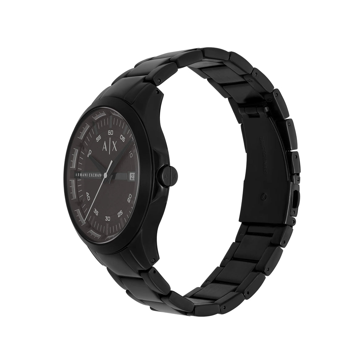 Armani Exchange Hampton watch shown from side angle with black stainless steel bracelet