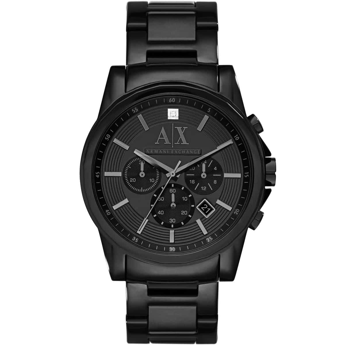Armani Exchange AX2503 black chronograph watch with black dial and stainless steel metal bracelet