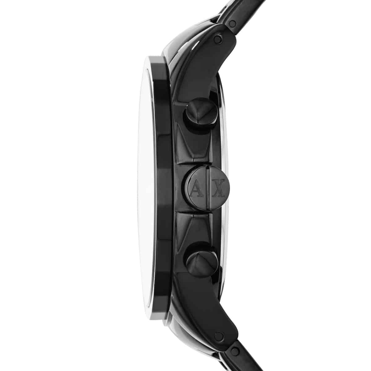 Side profile of Armani Exchange AX2503 showing chronograph pushers and black stainless steel case