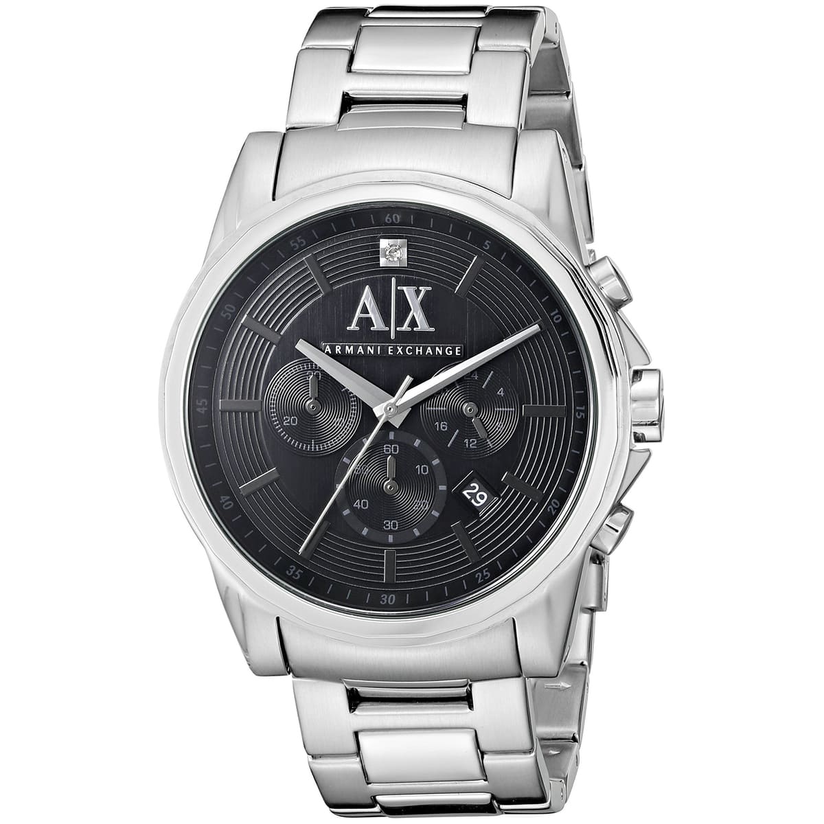 Armani Exchange CAYDE AX2504 watch front three-quarter view showing chronograph subdials and bracelet