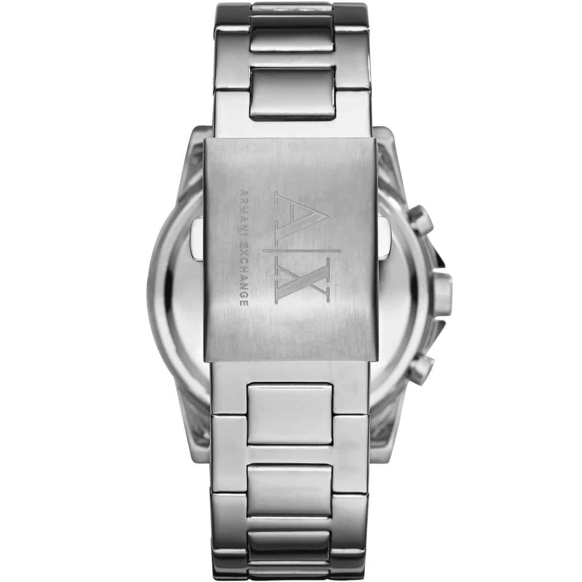 Armani Exchange CAYDE AX2504 watch showing silver stainless steel bracelet and case back detail