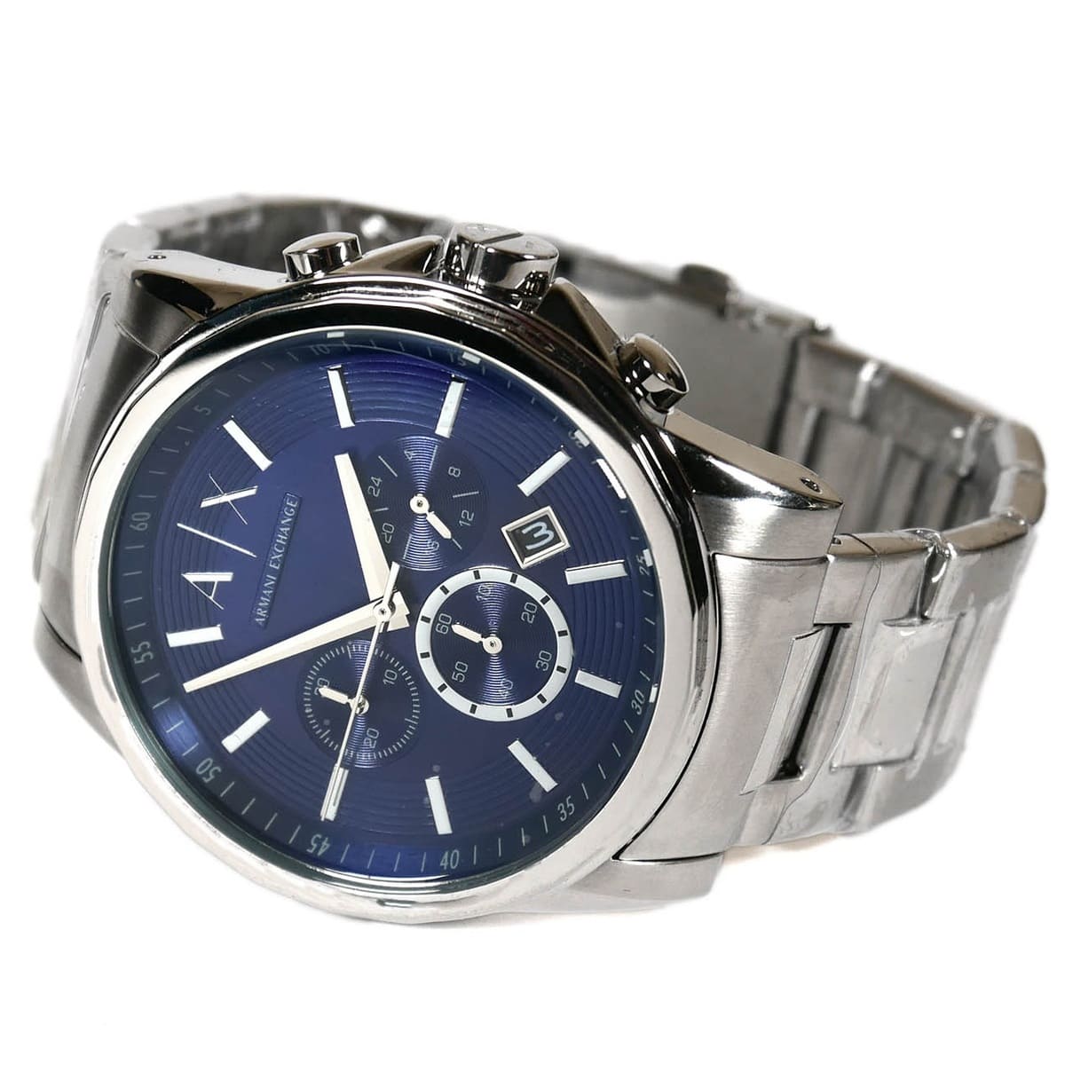 Three-quarter view of AX2509 Hampton chronograph watch with blue dial and stainless steel band