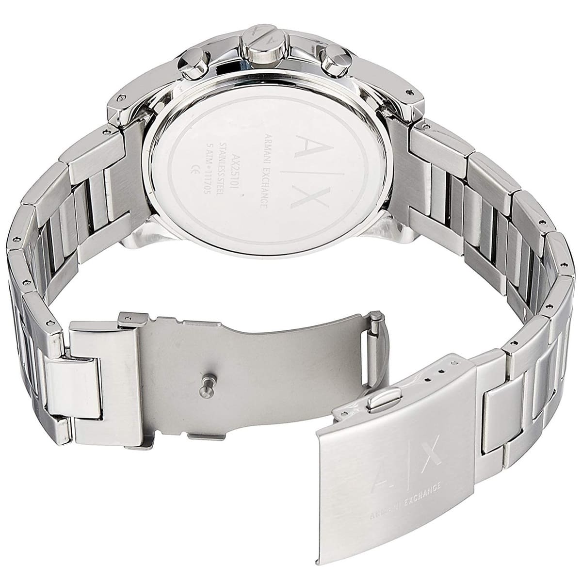 Caseback view of AX2509 Hampton watch showing stainless steel metal bracelet fastening