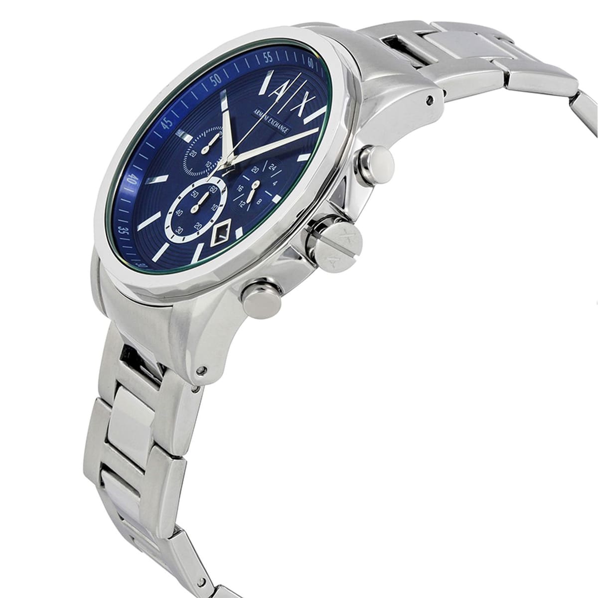 Side profile of AX2509 Hampton chronograph watch with stainless steel metal band