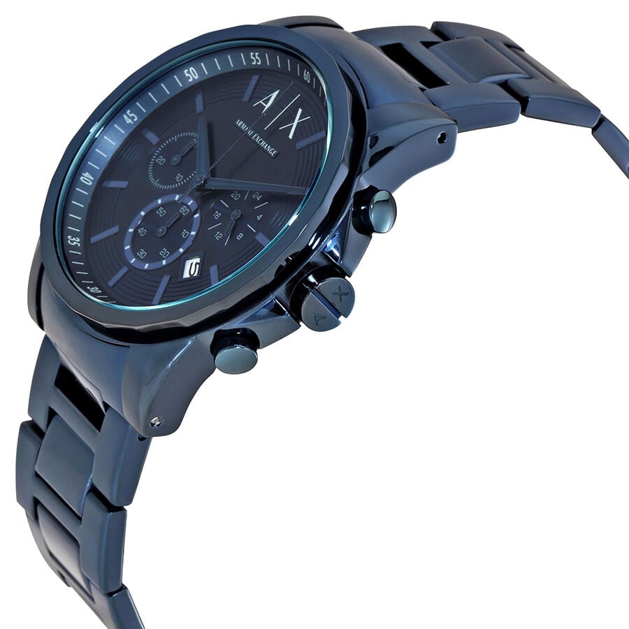 AX2512 Armani Exchange chronograph watch shown at angle with blue stainless steel case and band