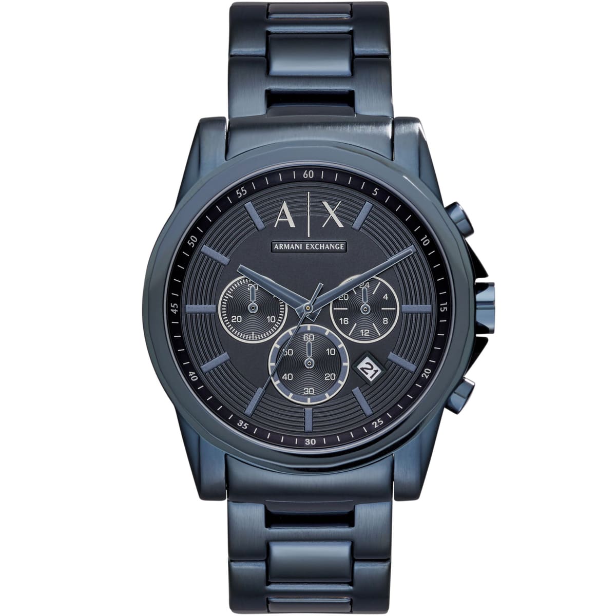 Armani Exchange AX2512 men's watch with blue dial, chronograph subdials, and stainless steel band