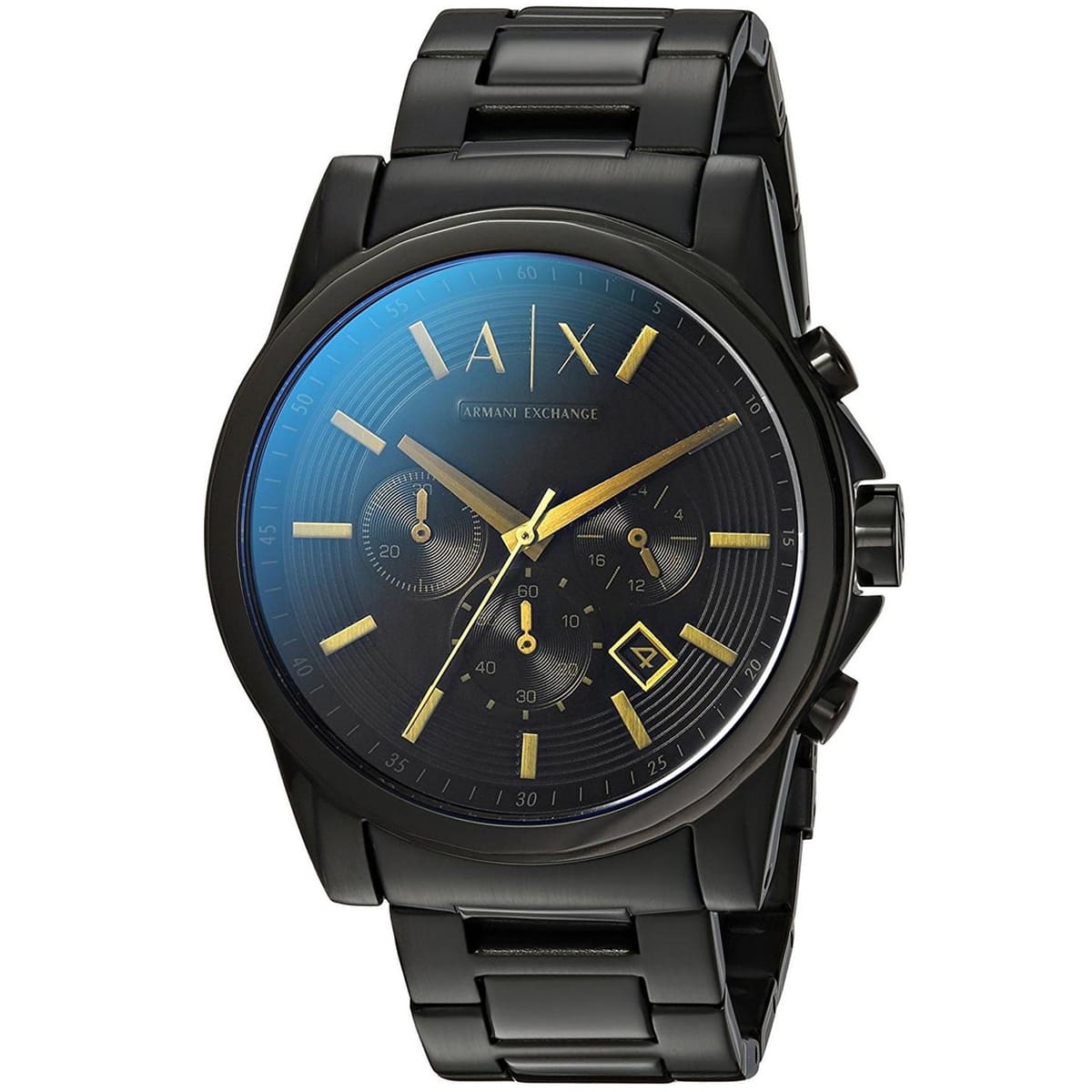 AX2513 Armani Exchange watch at angle showing blue and black dial with yellow chronograph hands and applied indices