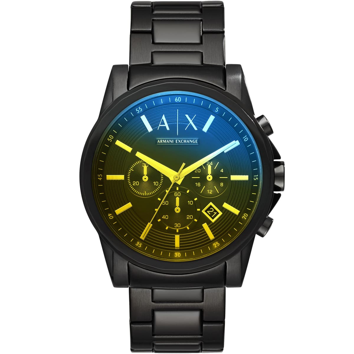 Armani Exchange AX2513 chronograph watch with black case, multicolor sunburst dial with yellow accents, and black metal strap