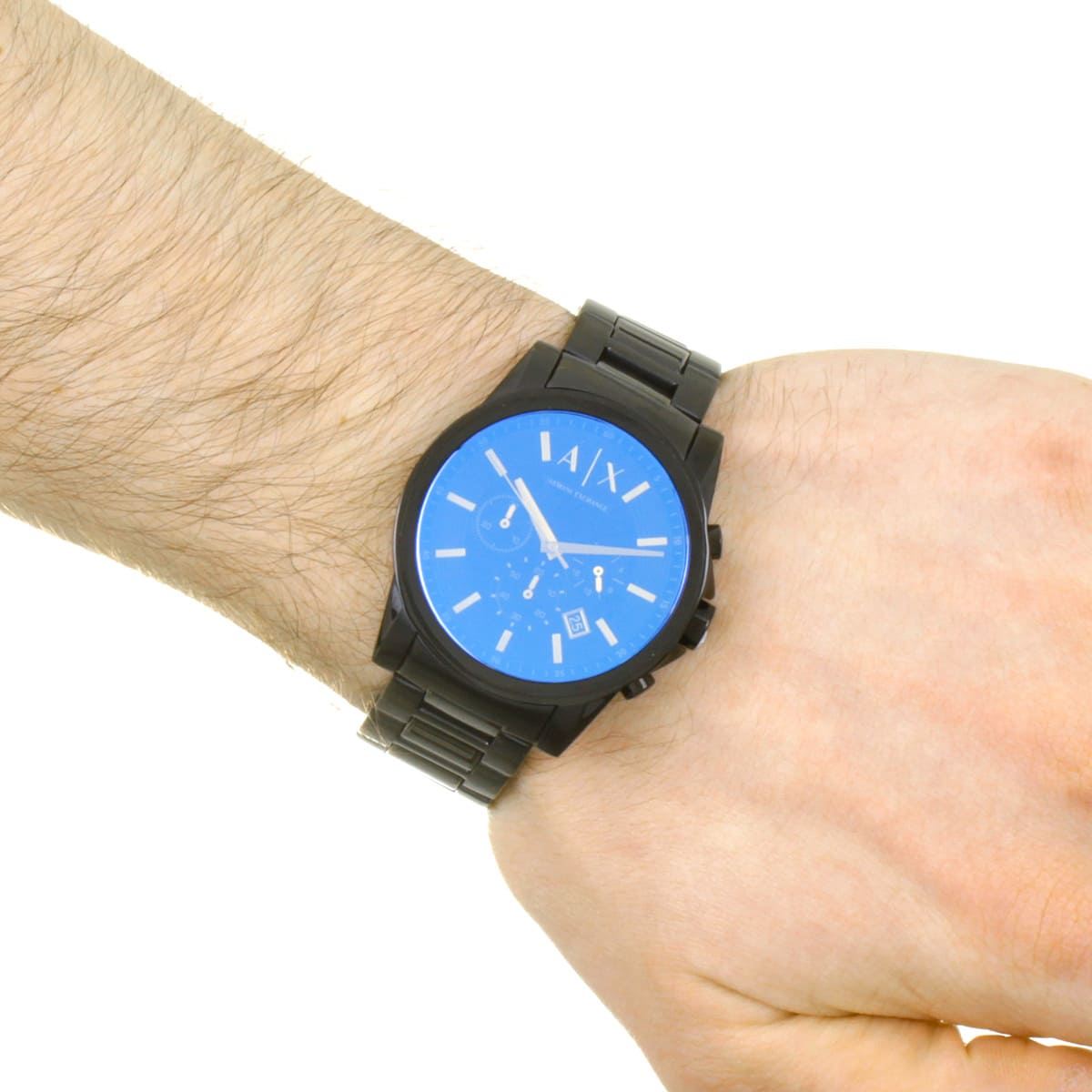 AX2513 Armani Exchange watch on wrist displaying blue dial face with applied hour markers and chronograph subdials
