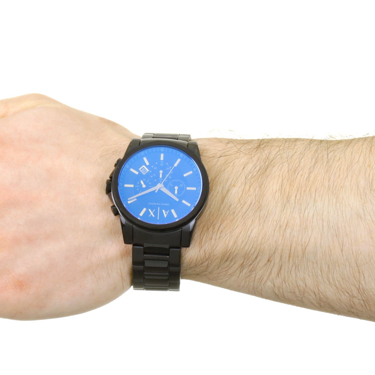Armani Exchange AX2513 chronograph watch worn on wrist showing blue and black dial with yellow accents