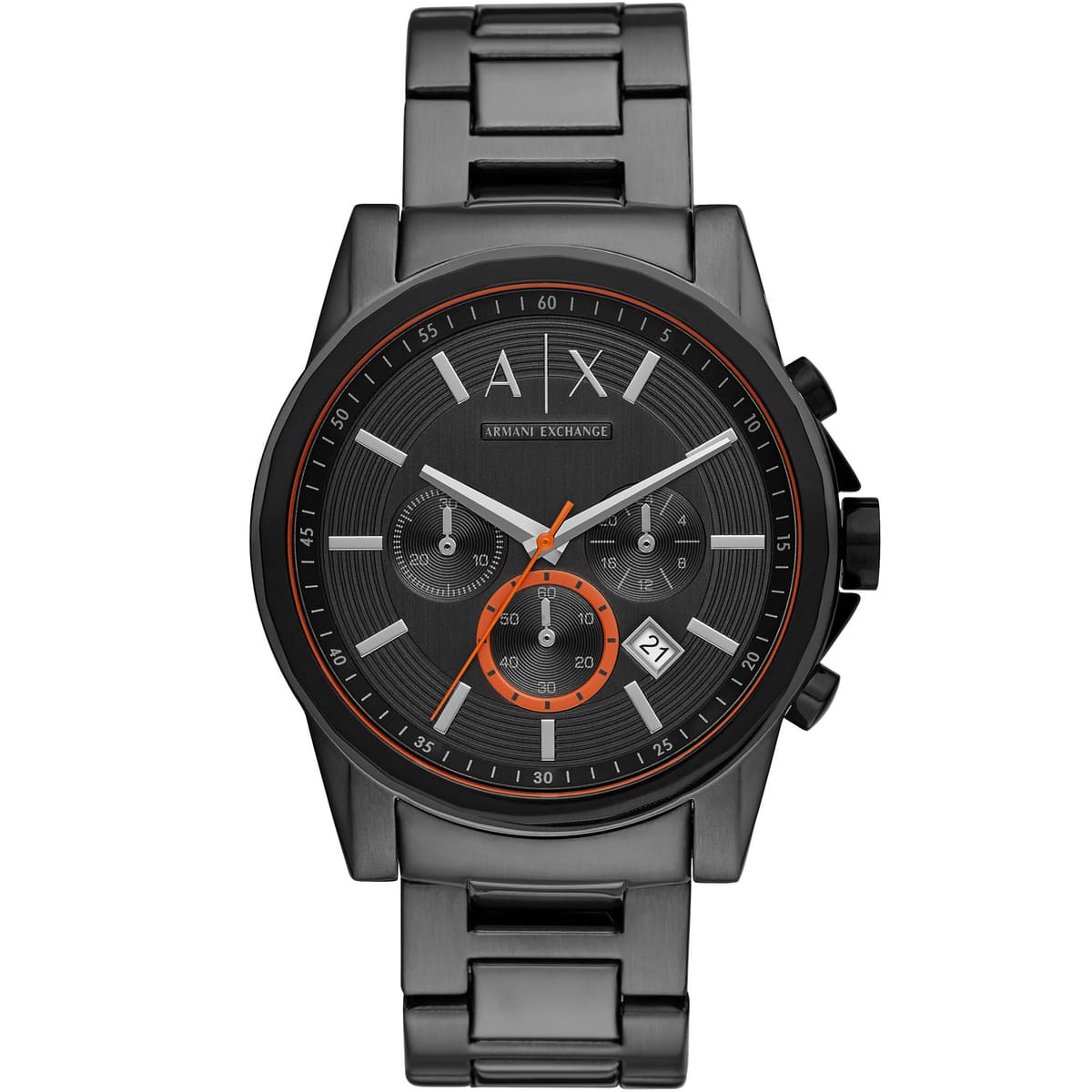 Armani Exchange AX2514 gunmetal chronograph watch with grey dial and orange chronograph subdial