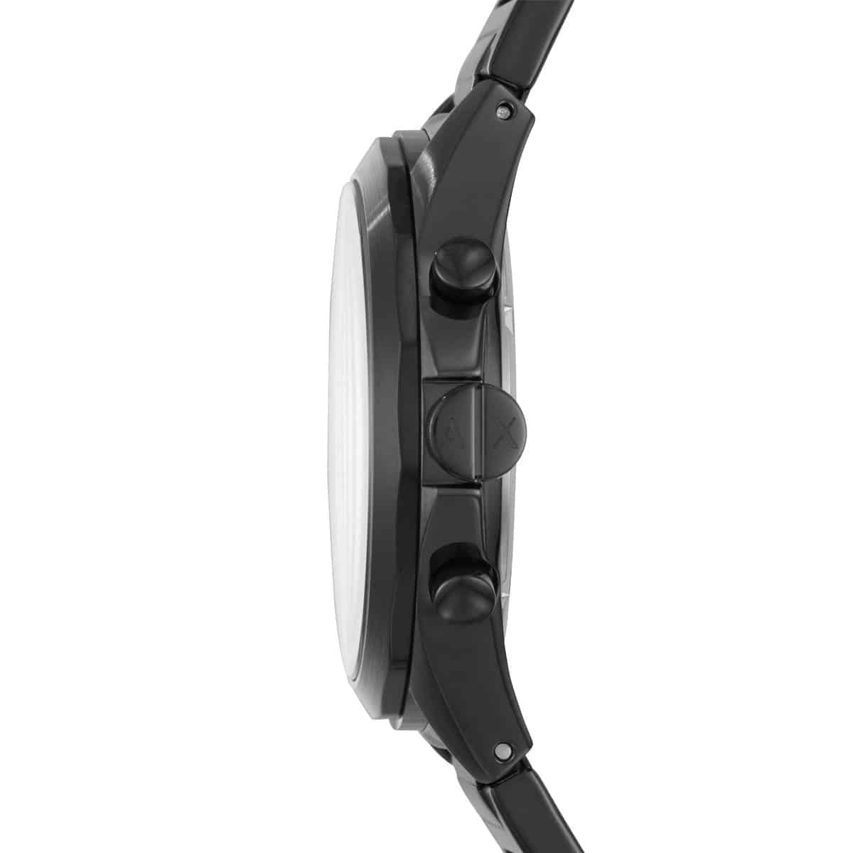 Side view of AX2601 showing black stainless steel case and bracelet profile