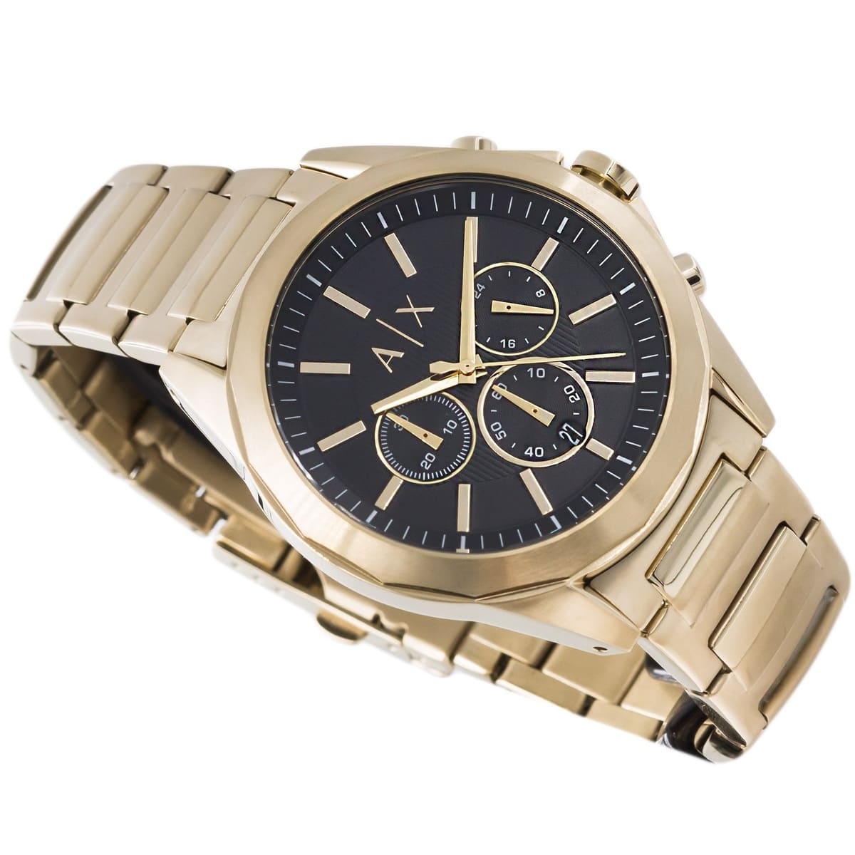 AX2611 Hampton men's watch angled view showing gold metal bracelet and black chronograph dial