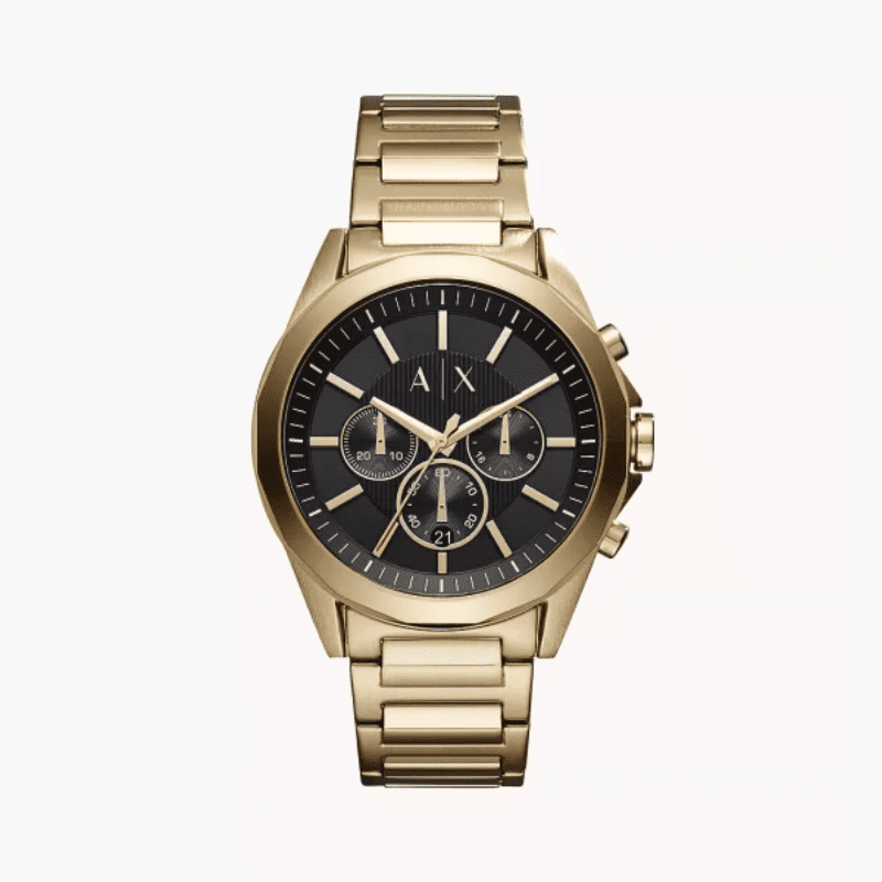 AX2611 Hampton chronograph watch with black dial and three subdials on gold bracelet