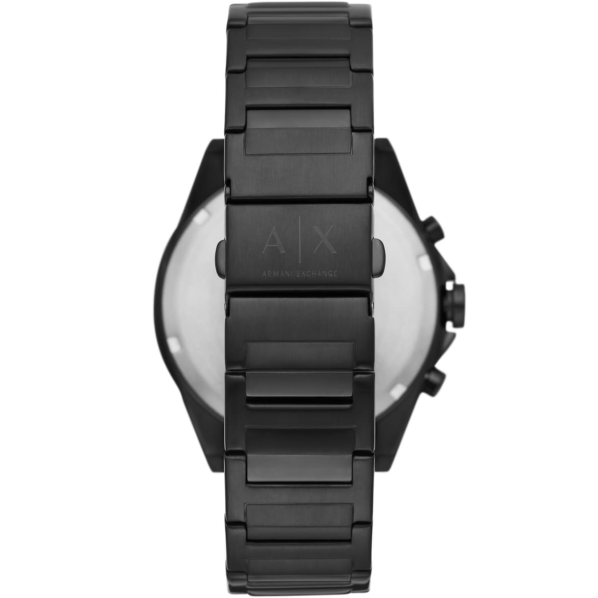 Armani Exchange Drexler AX2615 caseback showing black stainless steel band with AX logo detail