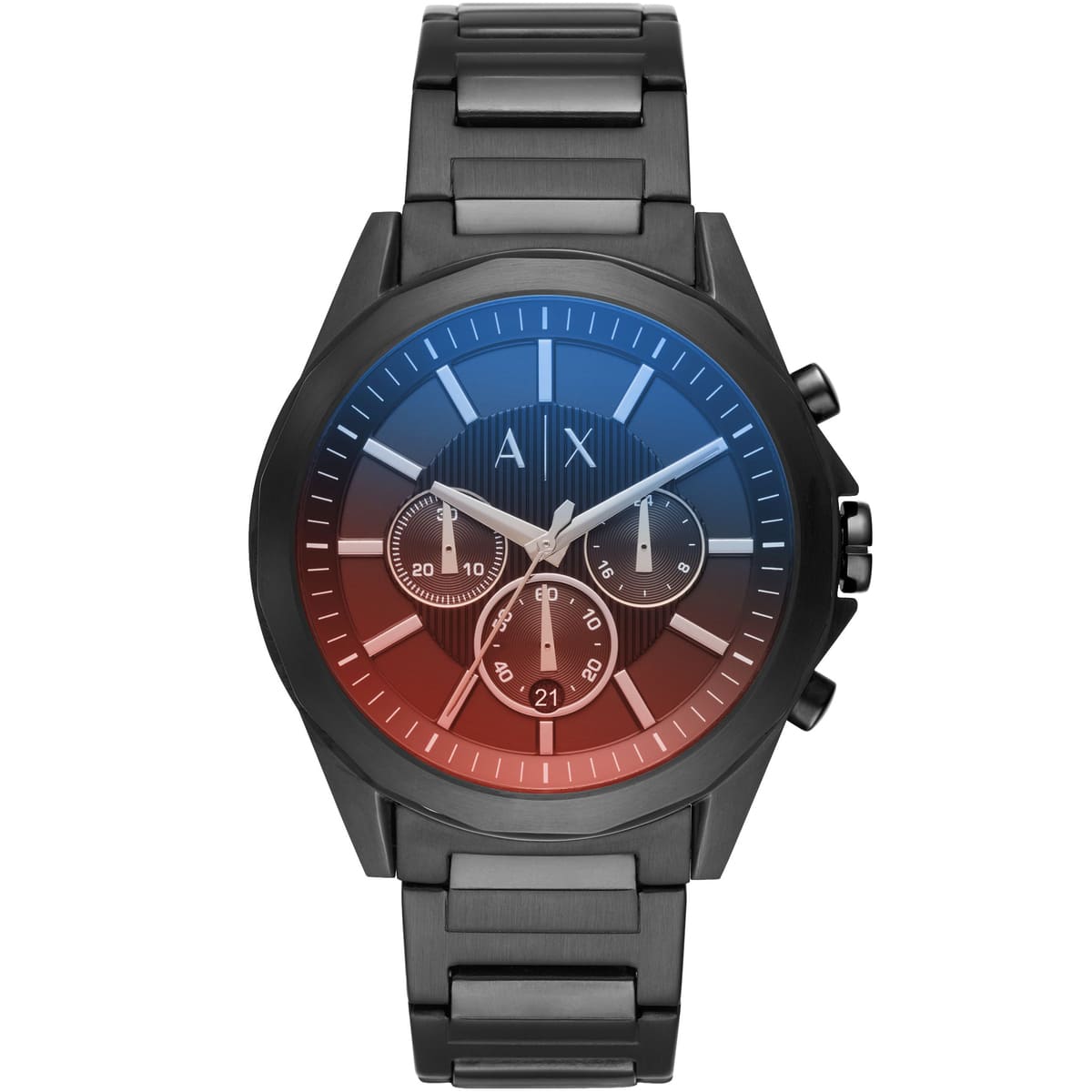 Armani Exchange Drexler AX2615 chronograph watch with blue-to-red gradient dial and black stainless steel strap