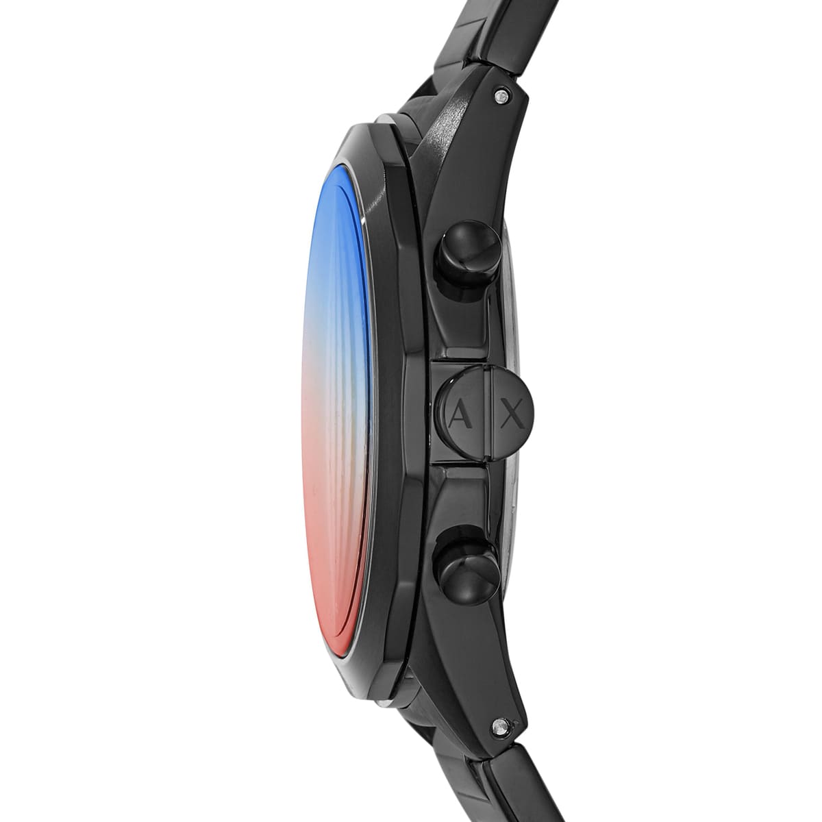 Armani Exchange Drexler AX2615 watch side profile showing blue-to-red gradient dial and chronograph pushers