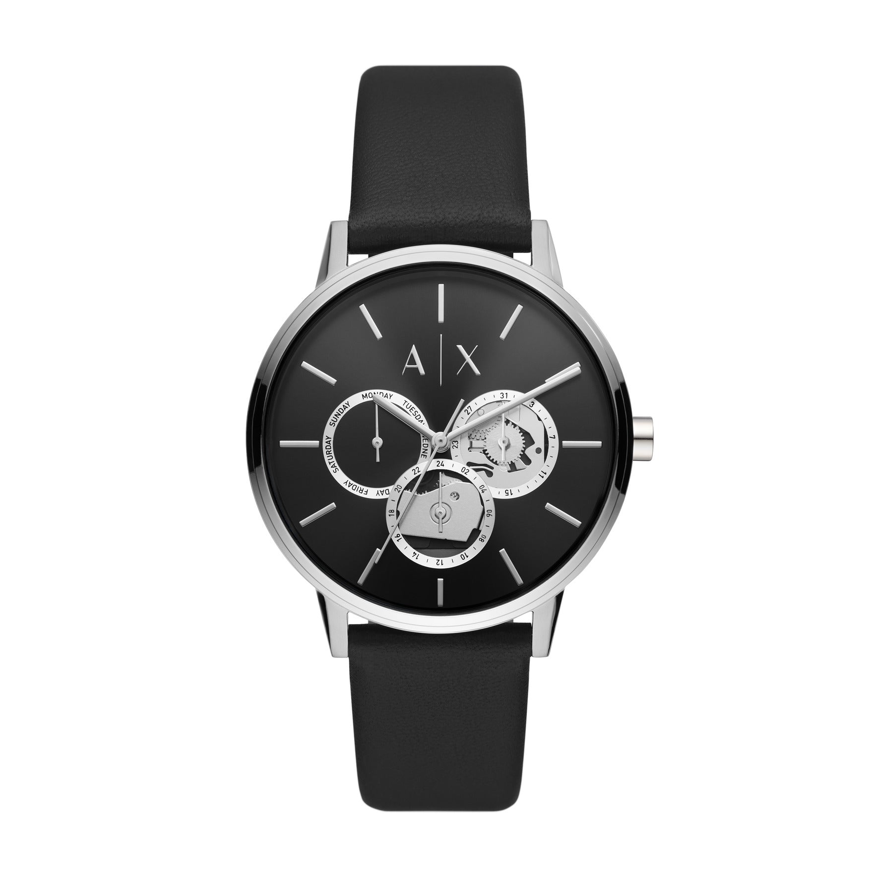 Armani Exchange Cayde black multifunction watch with silver-tone case and black leather strap
