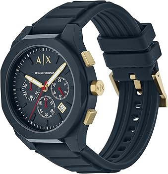 Armani Exchange AX4168 watch angled view showing blue dial, chronograph subdials, and silicone band