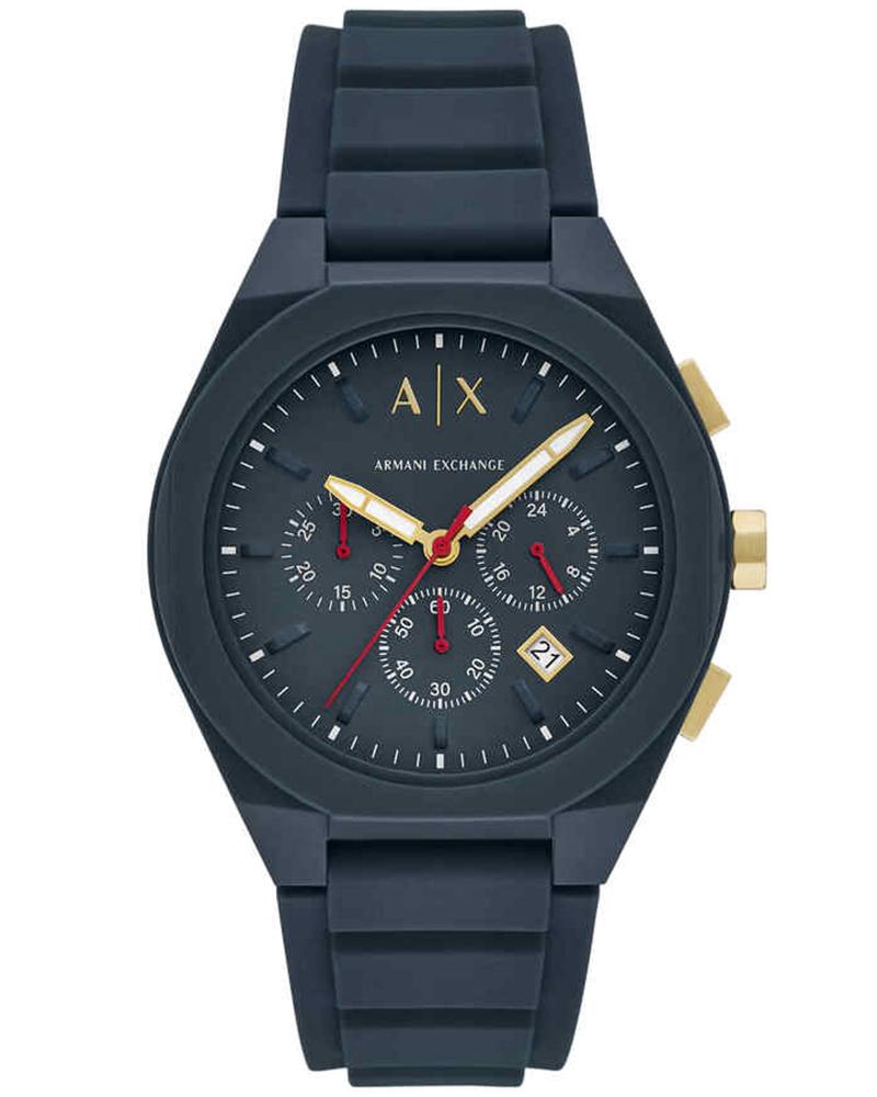 Armani Exchange AX4168 chronograph watch with blue dial and gold accents on blue silicone strap