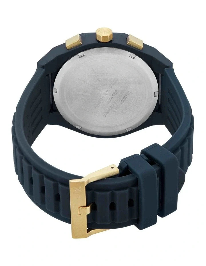 Armani Exchange AX4168 caseback with engraved detail and gold crown on blue silicone strap