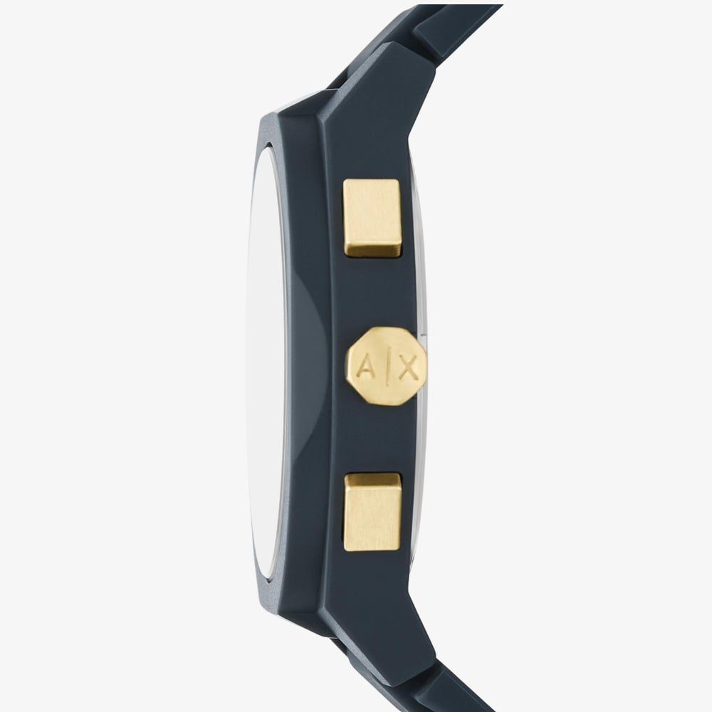 Armani Exchange AX4168 side profile showing case, gold pushers, and blue silicone strap