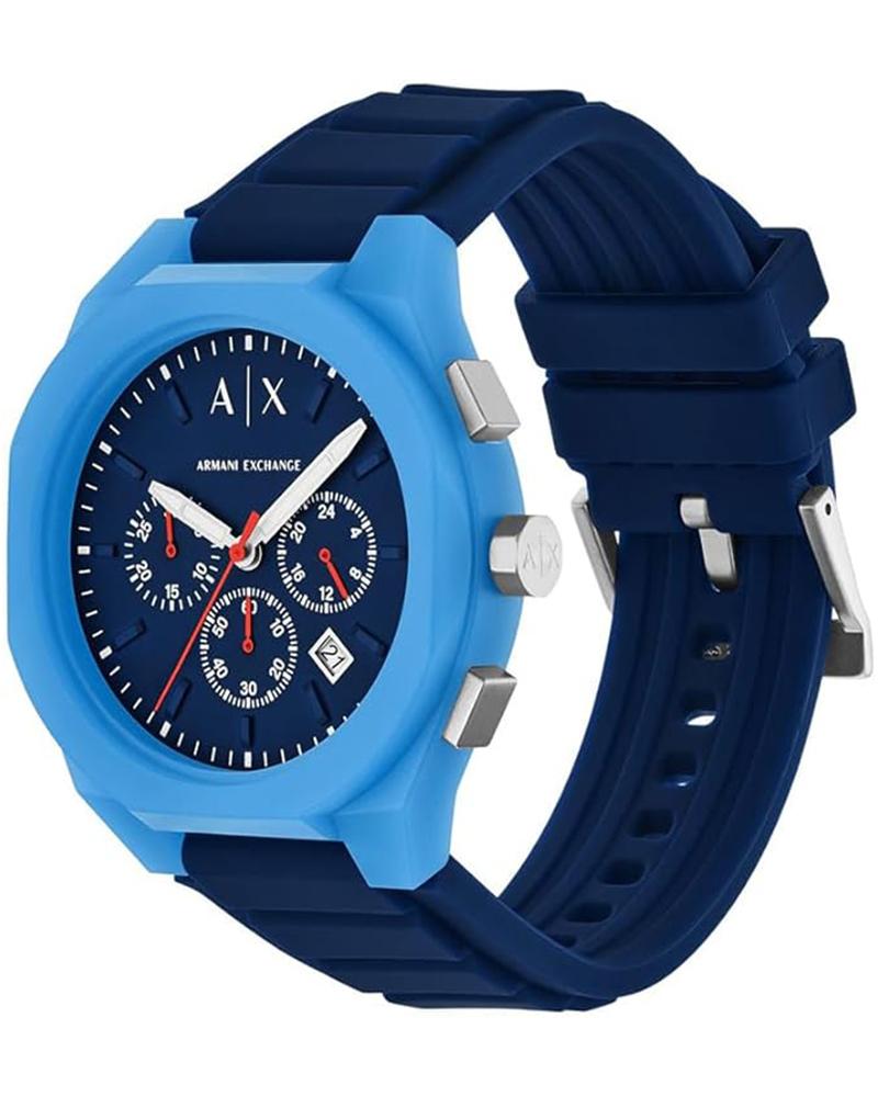 Armani Exchange AX4170 blue chronograph watch displayed at angle showing case and strap