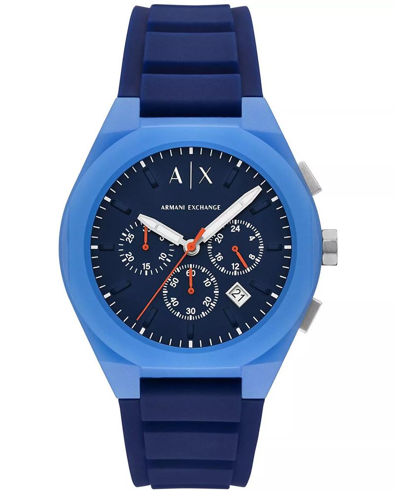 Armani Exchange AX4170 blue chronograph watch with navy rubber strap and dark dial